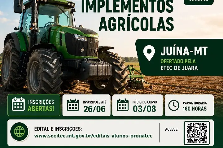 Curso gratuito de Operador de Máquinas e Implementos Agrícolas abre 25 vagas em Juína
