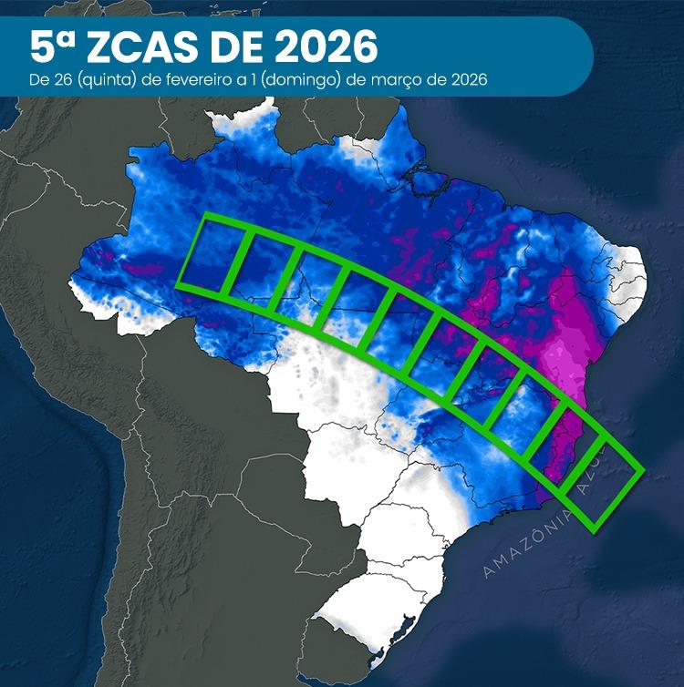 Quinta ZCAS de 2026 deve provocar chuva volumosa em várias regiões do Brasil
