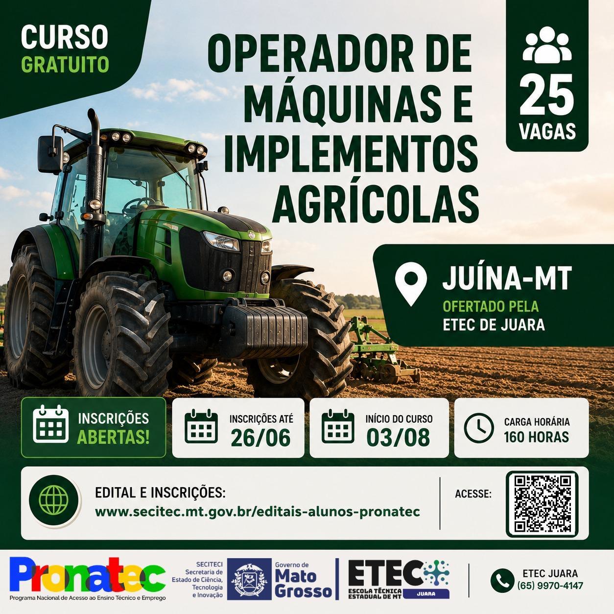 Curso gratuito de Operador de Máquinas e Implementos Agrícolas abre 25 vagas em Juína