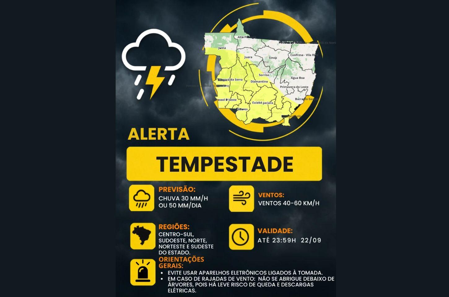Alerta de tempestade coloca diversas regiões de Mato Grosso em atenção nesta terça-feira